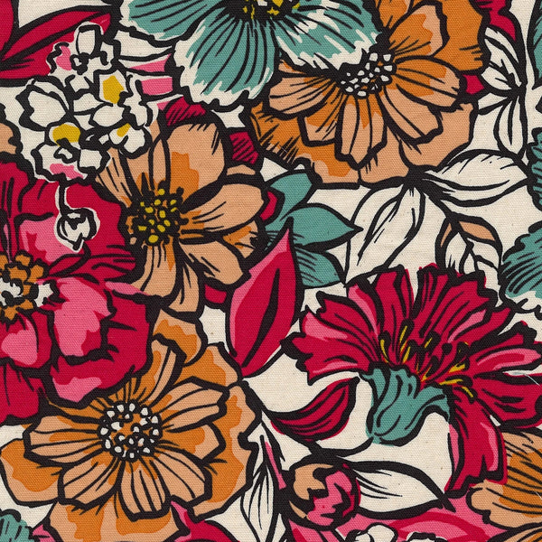 Jambo Floral Cotton Oxford Fabric in Pink by Kokka Japan, featuring bold painted-style floral print on mid-weight cotton
