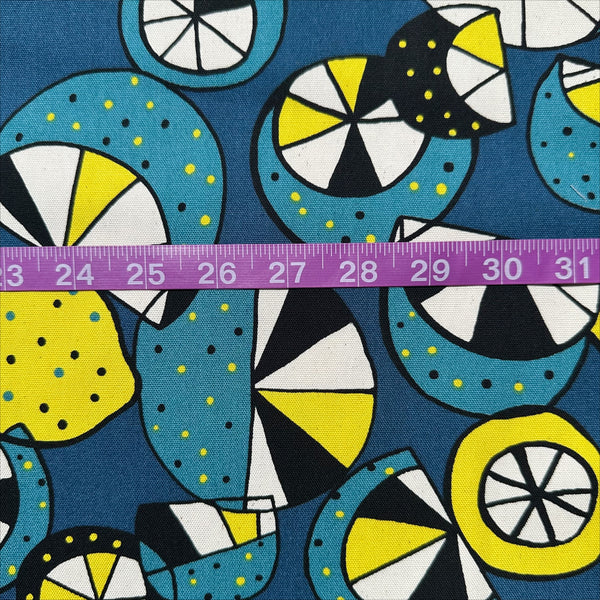 Scale of Imported from Japan, cotton oxford fabric featuring a lemon and lime print in yellow and green on a teal background