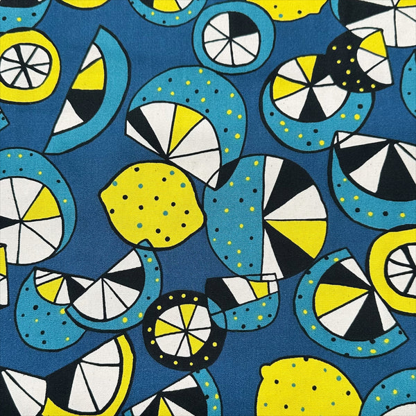 Imported from Japan, cotton oxford fabric featuring a lemon and lime print in yellow and green on a teal background