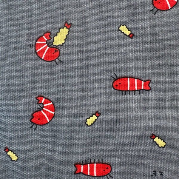 Scale of Kawaii Shrimp Cotton Fabric by Cosmo Textiles, style AP61103H 1E, featuring shrimp illustrations, in gray