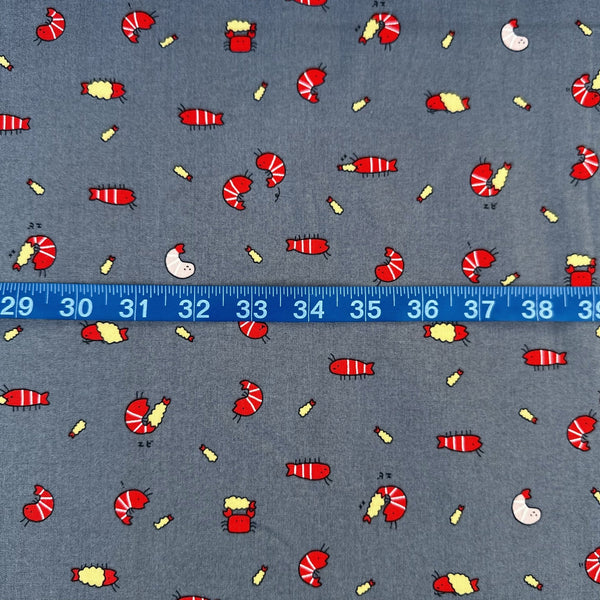 Scale of Kawaii Shrimp Cotton Fabric by Cosmo Textiles, style AP61103H 1E, featuring shrimp illustrations, in gray