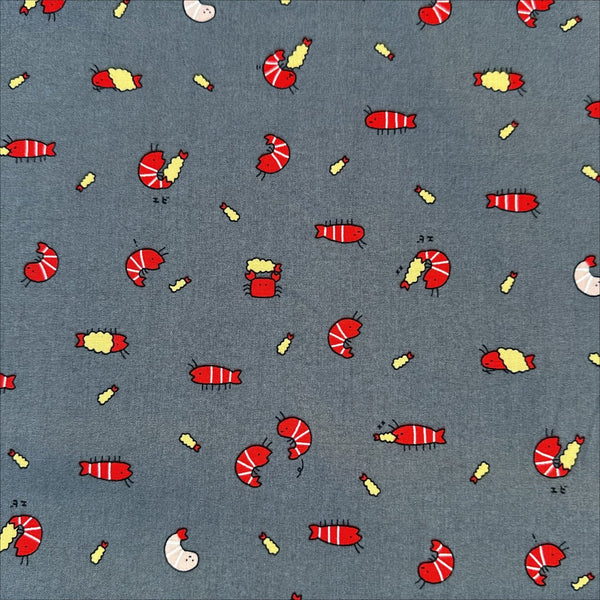 Kawaii Shrimp Cotton Fabric by Cosmo Textiles, style AP61103H 1E, featuring shrimp illustrations, in gray