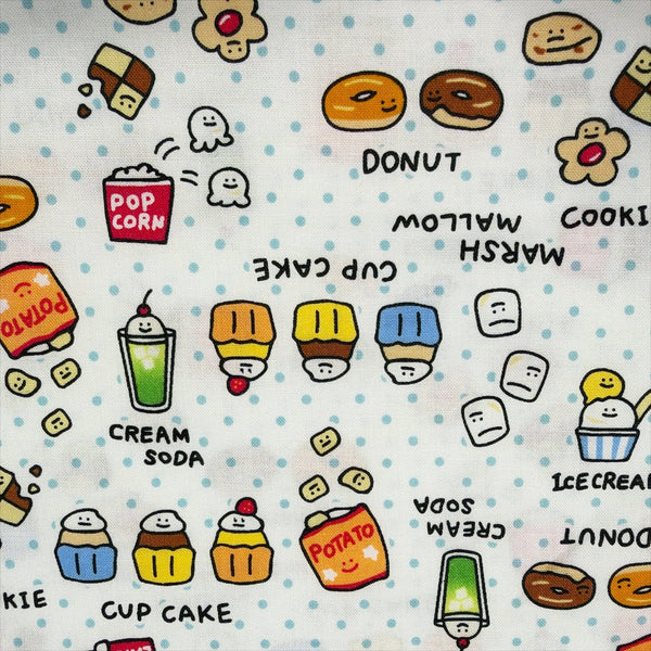 Close up of Kawaii Snack Time cotton fabric by Cosmo Textiles in white, AP1906 1A