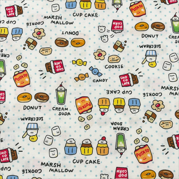 Kawaii Snack Time cotton fabric by Cosmo Textiles in white, AP1906 1A