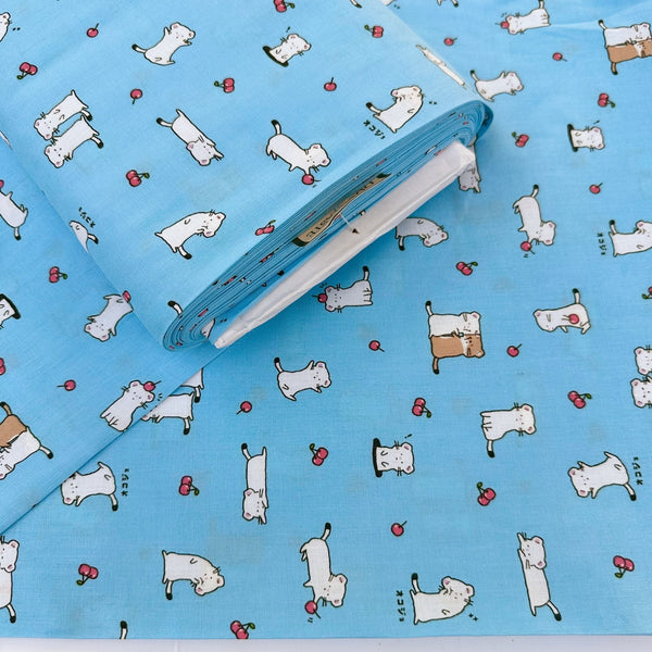 Bolt of Kawaii Stoats Cotton Fabric by Cosmo Textiles, style AP55104 2D, featuring weasel illustrations, in blue