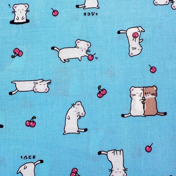 Close up of Kawaii Stoats Cotton Fabric by Cosmo Textiles, style AP55104 2D, featuring weasel illustrations, in blue