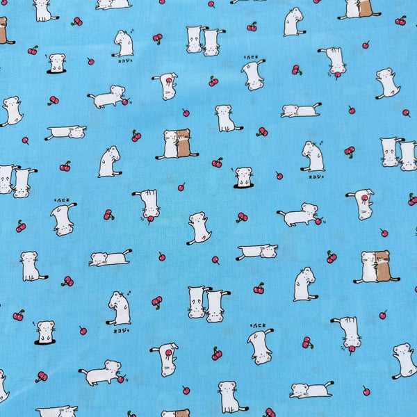 Kawaii Stoats Cotton Fabric by Cosmo Textiles, style AP55104 2D, featuring weasel illustrations, in blue