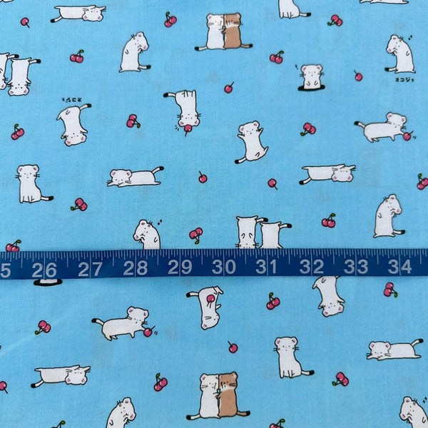 Scale of Kawaii Stoats Cotton Fabric by Cosmo Textiles, style AP55104 2D, featuring weasel illustrations, in blue