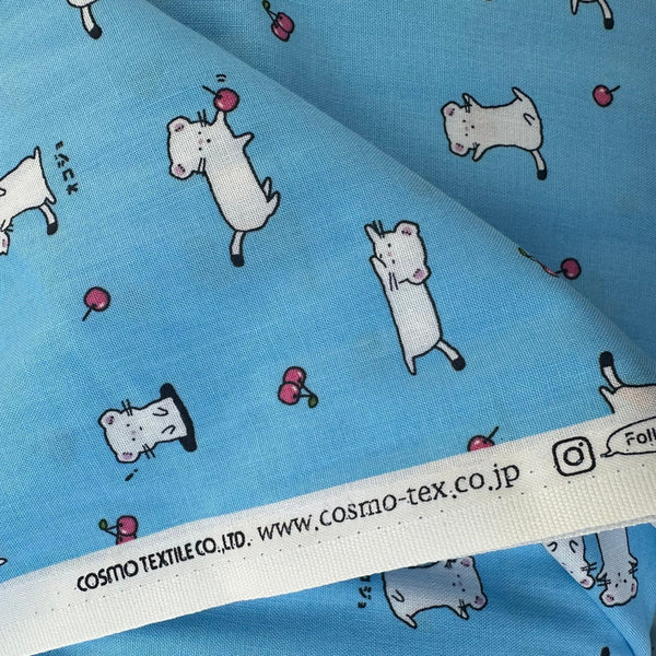 Selvage of Kawaii Stoats Cotton Fabric by Cosmo Textiles, style AP55104 2D, featuring weasel illustrations, in blue