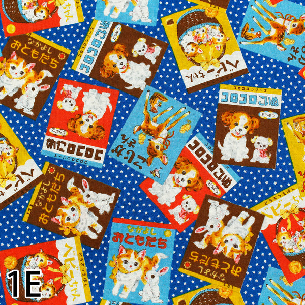 KoroKoro Animal Picture Books Cotton Fabric in Blue by Koko Seki – quilt-weight cotton with retro animal storybook designs and Japanese text