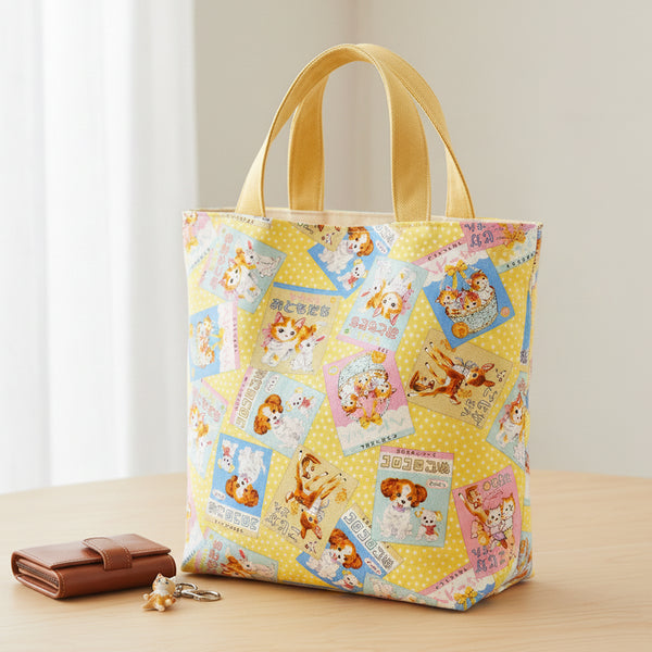 Bag made from KoroKoro Animal Picture Books Cotton Fabric in Pink by Koko Seki – quilt-weight cotton with retro animal storybook designs and Japanese text