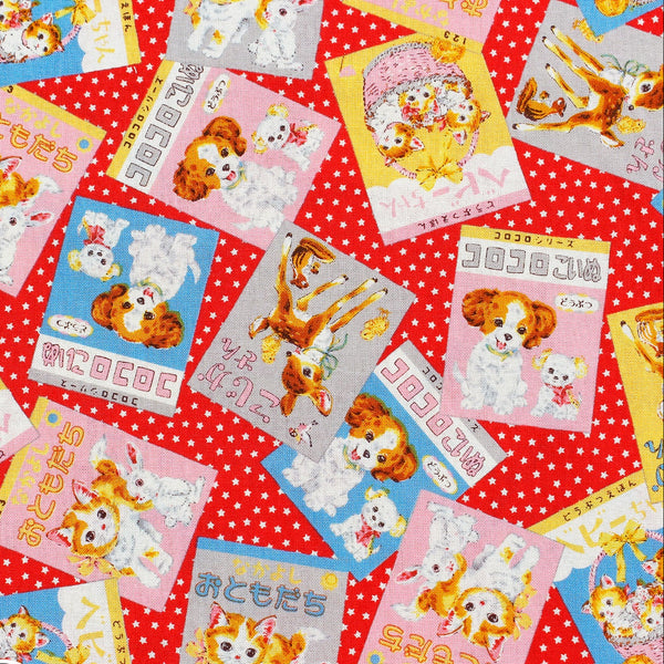 KoroKoro Animal Picture Books Cotton Fabric in Red by Koko Seki – quilt-weight cotton with retro animal storybook designs and Japanese text