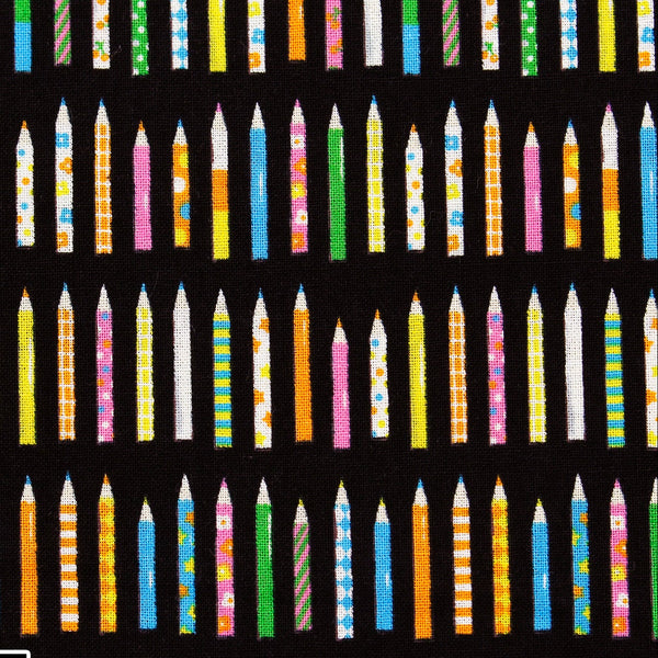 KoroKoro Pencils Cotton Fabric in Black by Koko Seki – quilt-weight cotton with coordinating pencil design for the KoroKoro Animal Picture Books collection