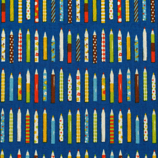 KoroKoro Pencils Cotton Fabric in Blue by Koko Seki – quilt-weight cotton with coordinating pencil design for the KoroKoro Animal Picture Books collection