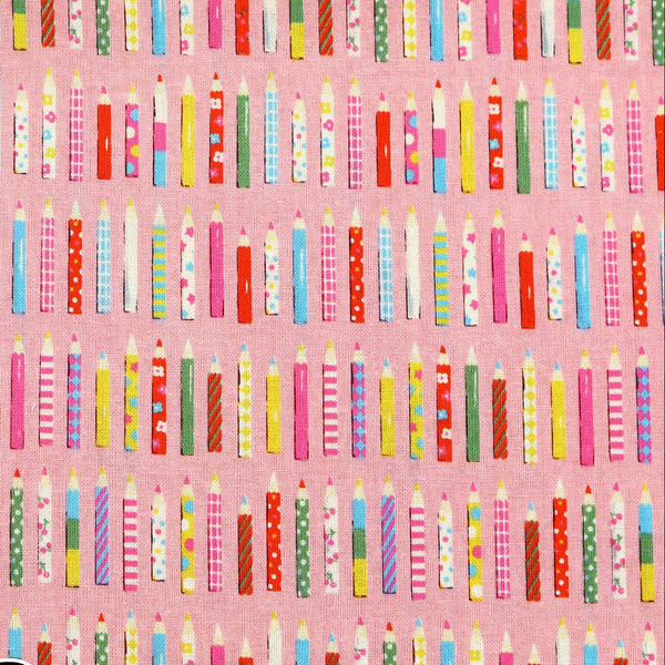 KoroKoro Pencils Cotton Fabric in Pink by Koko Seki, Japanese Import