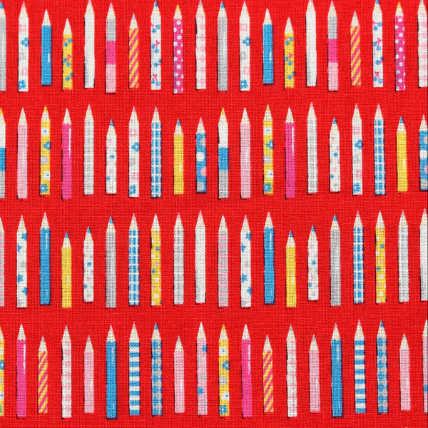 KoroKoro Pencils Cotton Fabric in Red by Koko Seki – quilt-weight cotton with coordinating pencil design for the KoroKoro Animal Picture Books collection