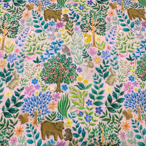 Yukiemon Whimsical Forest Animals Cotton LAWN Fabric, Imported from Japan, Lightweight Delicate Lawn Fabric, Light Pink
