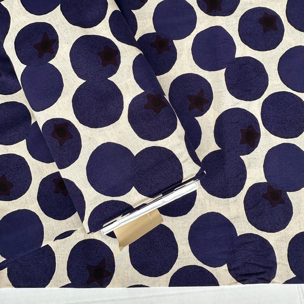 Bolt of Large Blueberries Cotton Linen Blend Fabric by Cosmo Textiles, style AP65204 1A, featuring oversized blueberries, in natural