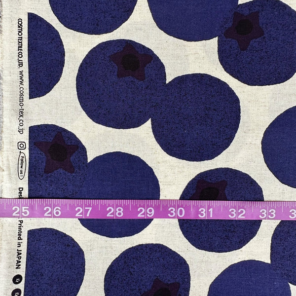 Scale of Large Blueberries Cotton Linen Blend Fabric by Cosmo Textiles, style AP65204 1A, featuring oversized blueberries, in natural