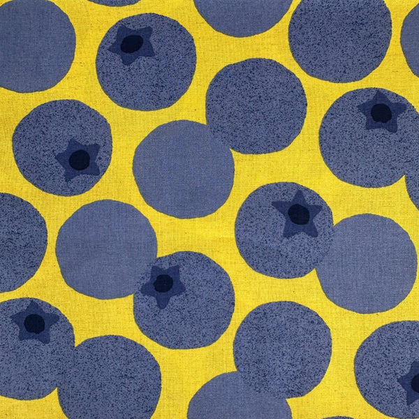 Large Blueberries Cotton Linen Blend Fabric by Cosmo Textiles, style AP65204 1C, featuring oversized blueberries, in yellow
