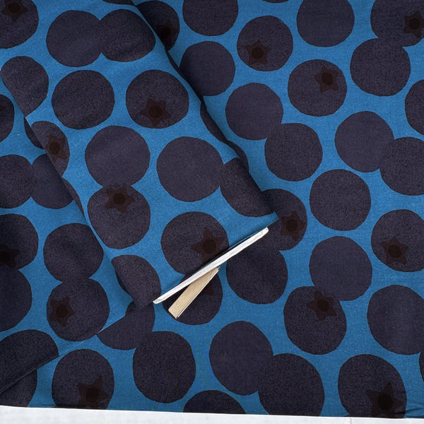 Bolt of Large Blueberries Cotton Linen Blend Fabric by Cosmo Textiles, style AP65204 1E, featuring oversized blueberries, in blue
