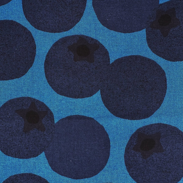 Close up of Large Blueberries Cotton Linen Blend Fabric by Cosmo Textiles, style AP65204 1E, featuring oversized blueberries, in blue