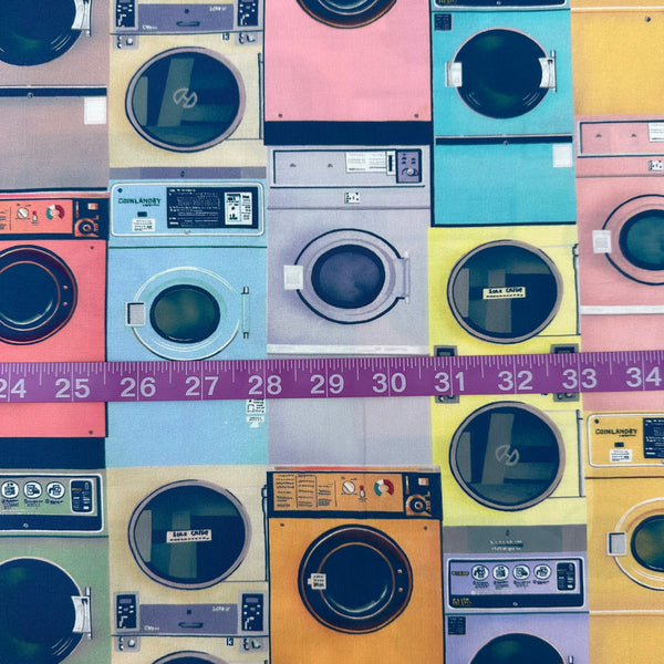 Scale of Laundry cotton fabric in Pastel by Nora featuring retro laundry machines in soft mid-century modern pastel colors on quilt-weight cotton