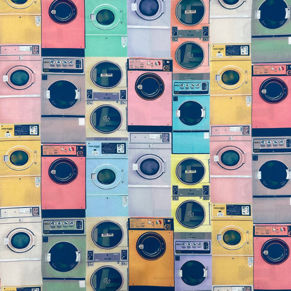 Laundry cotton fabric in Pastel by Nora featuring retro laundry machines in soft mid-century modern pastel colors on quilt-weight cotton