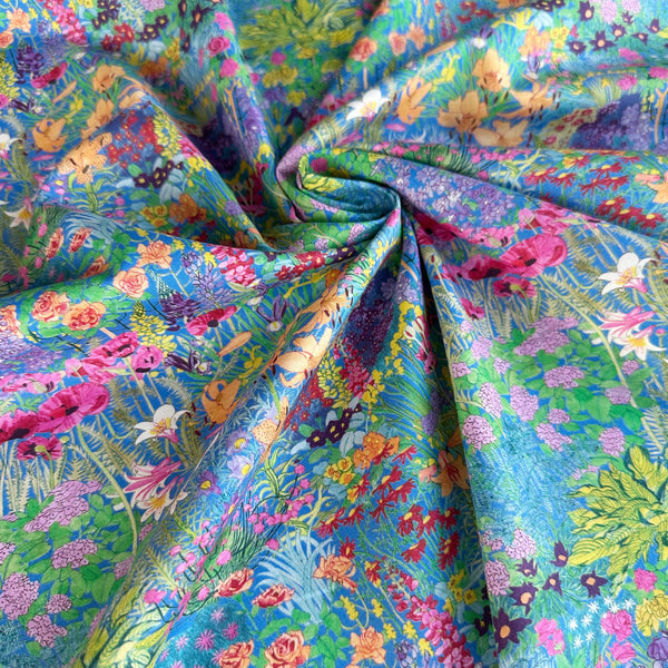 Anna's Haven Tana Lawn fabric by Liberty Fabrics shown draped, Multi Bright