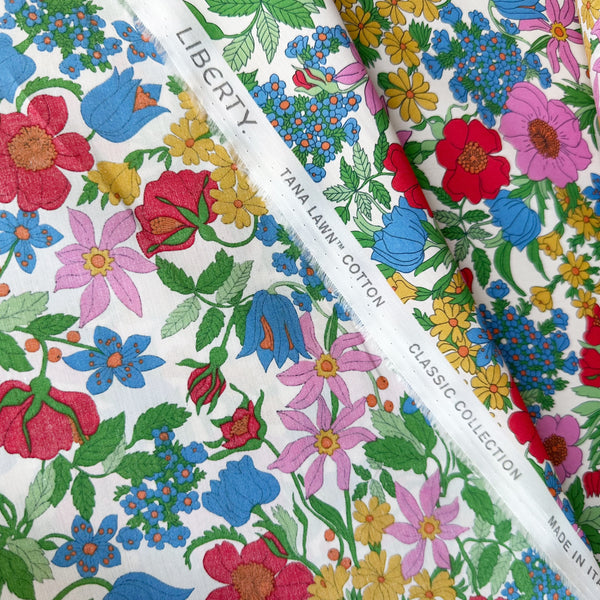 Selvage detail of Liberty Fabrics Clarabell Tana Lawn fabric, Multi Bright colorway