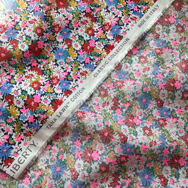 Selvage detail of Liberty Fabrics Libby Tana Lawn fabric, Multibright Neon colorway