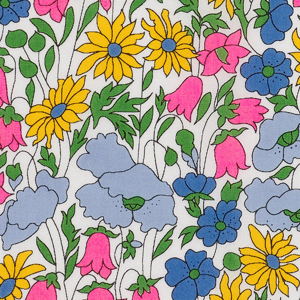 Close-up of Poppy and Daisy print detail by Liberty Fabrics in Multipast Neon