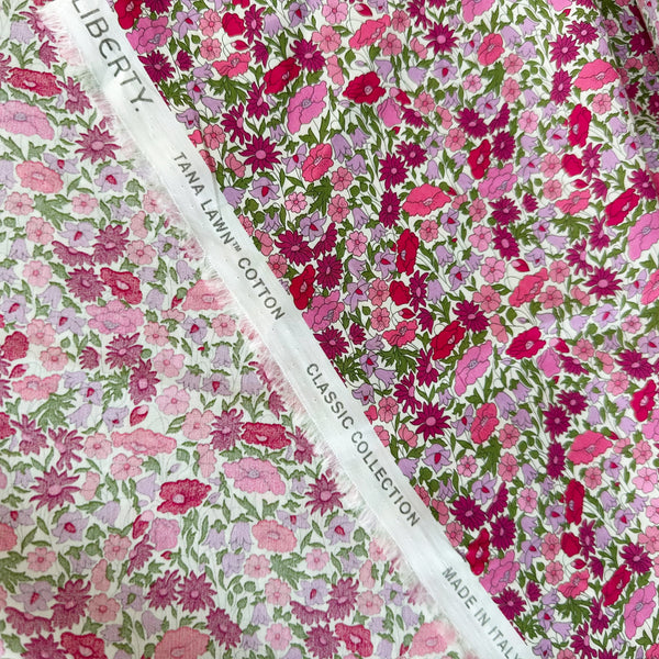 Selvage detail of Liberty Fabrics Poppy Forest Tana Lawn fabric, Pink colorway