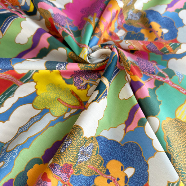 Prospect Road Tana Lawn fabric by Liberty Fabrics shown draped, Multi Bright