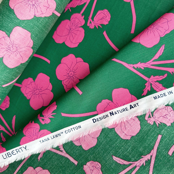 Selvage detail of Liberty Fabrics Radiant Ros Tana Lawn fabric, Green colorway