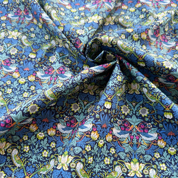 Strawberry Thief Tana Lawn fabric by Liberty Fabrics shown draped, Multi Bright