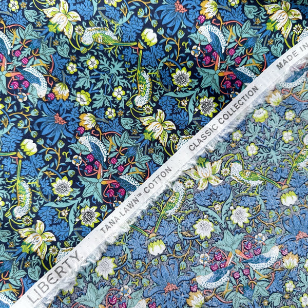 Selvage detail of Liberty Fabrics Strawberry Thief Tana Lawn fabric, Multi Bright colorway