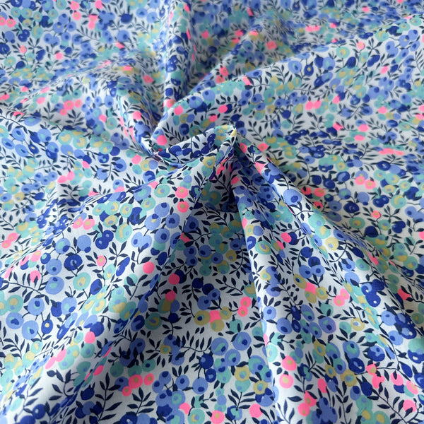 Wiltshire Tana Lawn fabric by Liberty Fabrics shown draped, Blue Turq Neon