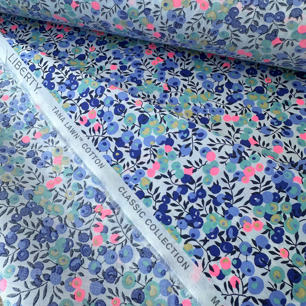 Selvage detail of Liberty Fabrics Wiltshire Tana Lawn fabric, Blue Turq Neon colorway