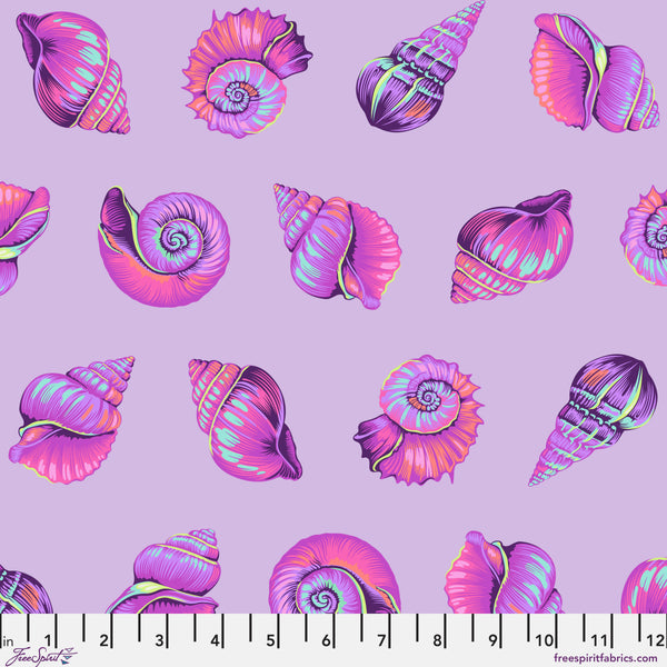 Scale of Lil Shelly in Ultraviolet from the Floral Reef collection by Tula Pink – colorful shell coordinating print
