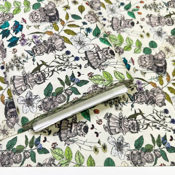 Bolt of Liminal Garden Cats Cotton Fabric in Natural by Nora – whimsical cats dressed as humans in a garden setting on quilt weight cotton