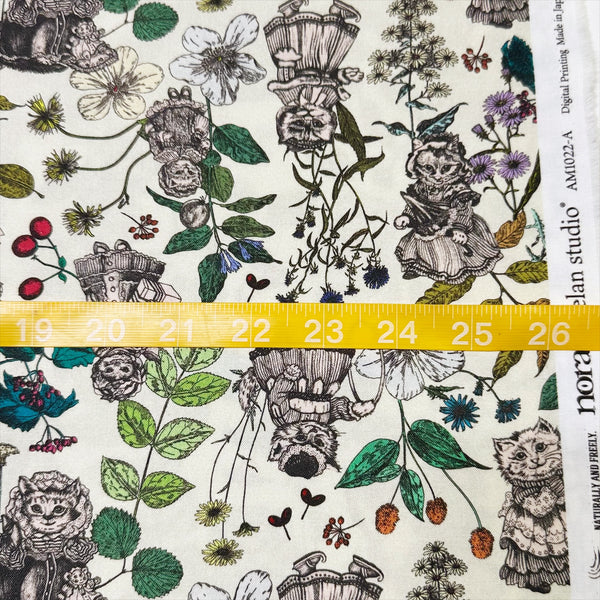 Scale of Liminal Garden Cats Cotton Fabric in Natural by Nora – whimsical cats dressed as humans in a garden setting on quilt weight cotton