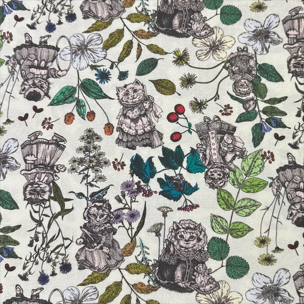 Liminal Garden Cats Cotton Fabric in Natural by Nora – whimsical cats dressed as humans in a garden setting on quilt weight cotton