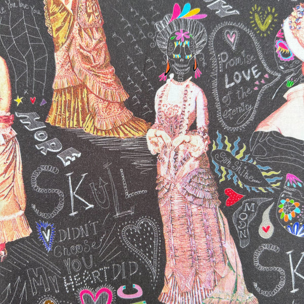 close up of Longer Than Eternity cotton fabric in Dark Umber by Nora featuring a love-themed Victorian skeleton print on quilt-weight cotton