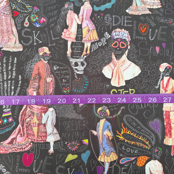 Scale  of Longer Than Eternity cotton fabric in Dark Umber by Nora featuring a love-themed Victorian skeleton print on quilt-weight cotton