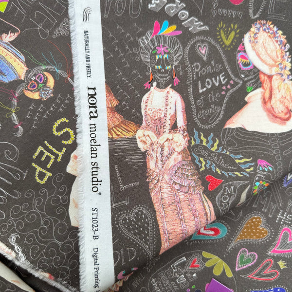 Selvage of Longer Than Eternity cotton fabric in Dark Umber by Nora featuring a love-themed Victorian skeleton print on quilt-weight cotton