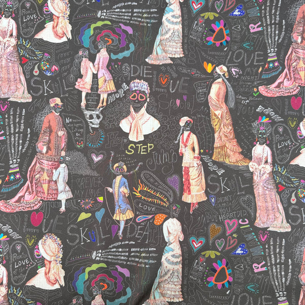Longer Than Eternity cotton fabric in Dark Umber by Nora featuring a love-themed Victorian skeleton print on quilt-weight cotton