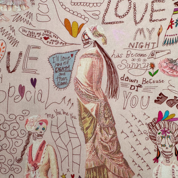 Close up of Longer Than Eternity cotton fabric in tan by Nora featuring a love-themed Victorian skeleton print on quilt-weight cotton