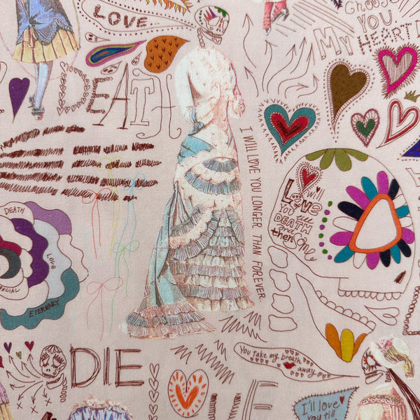 close up of Longer Than Eternity cotton fabric in tan by Nora featuring a love-themed Victorian skeleton print on quilt-weight cotton