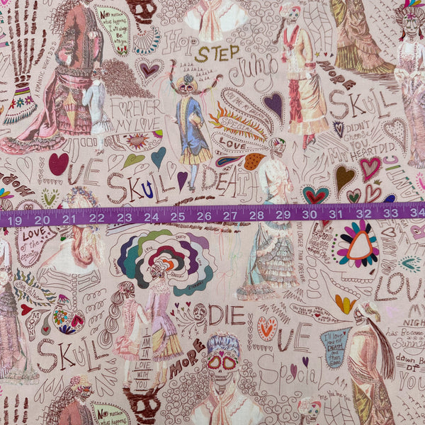 Scale of Longer Than Eternity cotton fabric in tan by Nora featuring a love-themed Victorian skeleton print on quilt-weight cotton